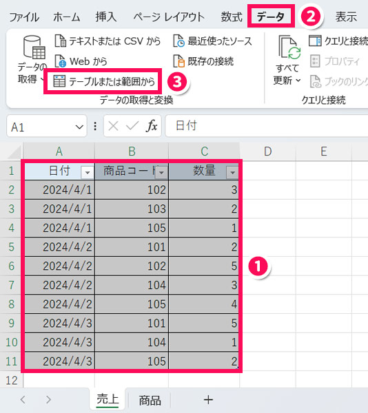 結合したい1つ目の表があるシート