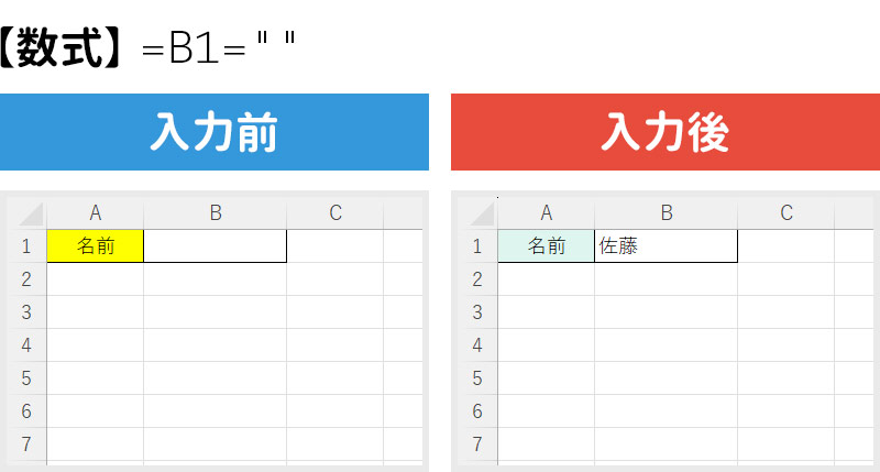 入力したら色を消す条件付き書式を設定した場合の入力前と入力後の比較