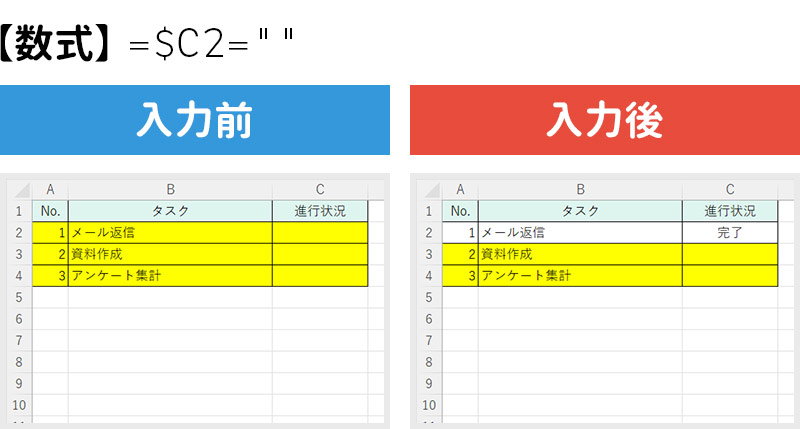 入力したら色を消す条件付き書式を設定した場合の入力前と入力後の比較