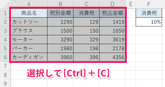 表をコピーする