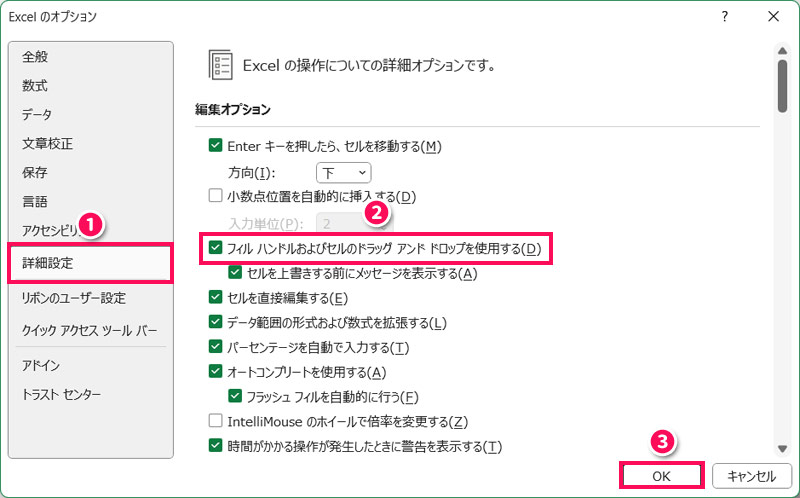 「フィルハンドルおよびセルのドラッグアンドドロップを使用する」にチェックを付ける