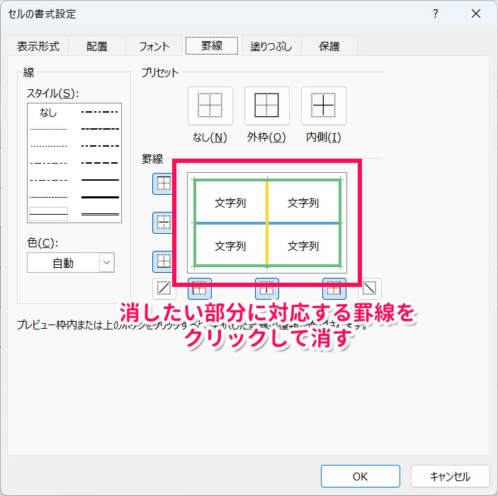 セルの書式設定の罫線