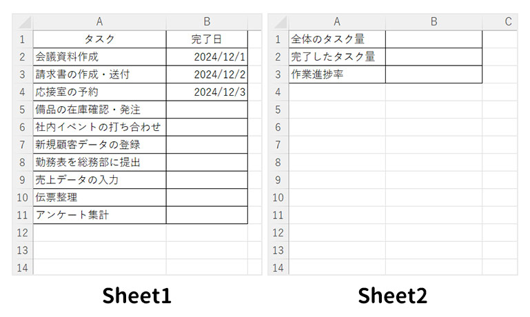 タスクと完了日が入力されたシートと作業進捗率を表示したいシート