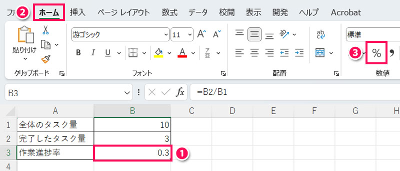 作業進捗率にパーセントスタイルを適用する