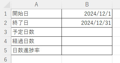 開始日と終了日が入力されており、日数進捗率を表示したいシート