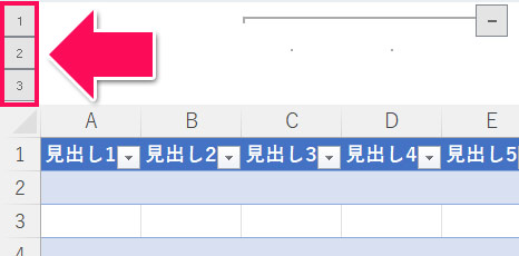 行や列をグループ化すると表示される数字ボタン