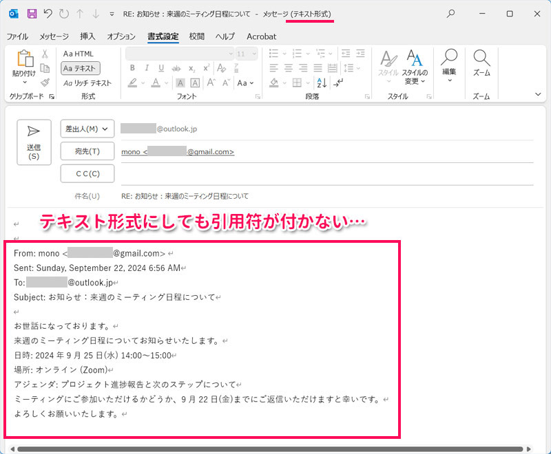 Outlookの引用返信画面でテキスト形式に変更した結果