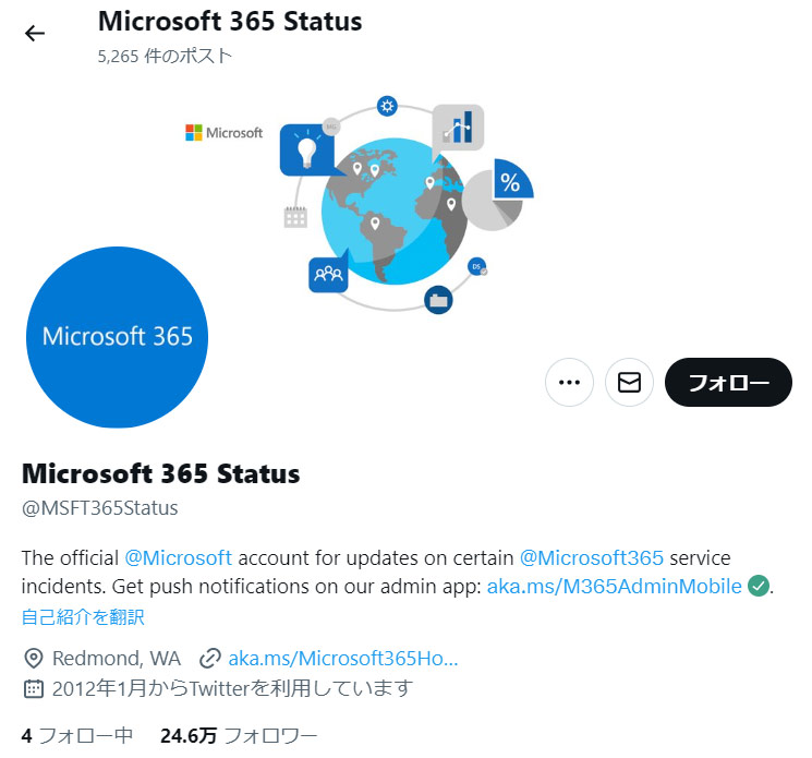 Microsoft 365 StatusのTwitterアカウント